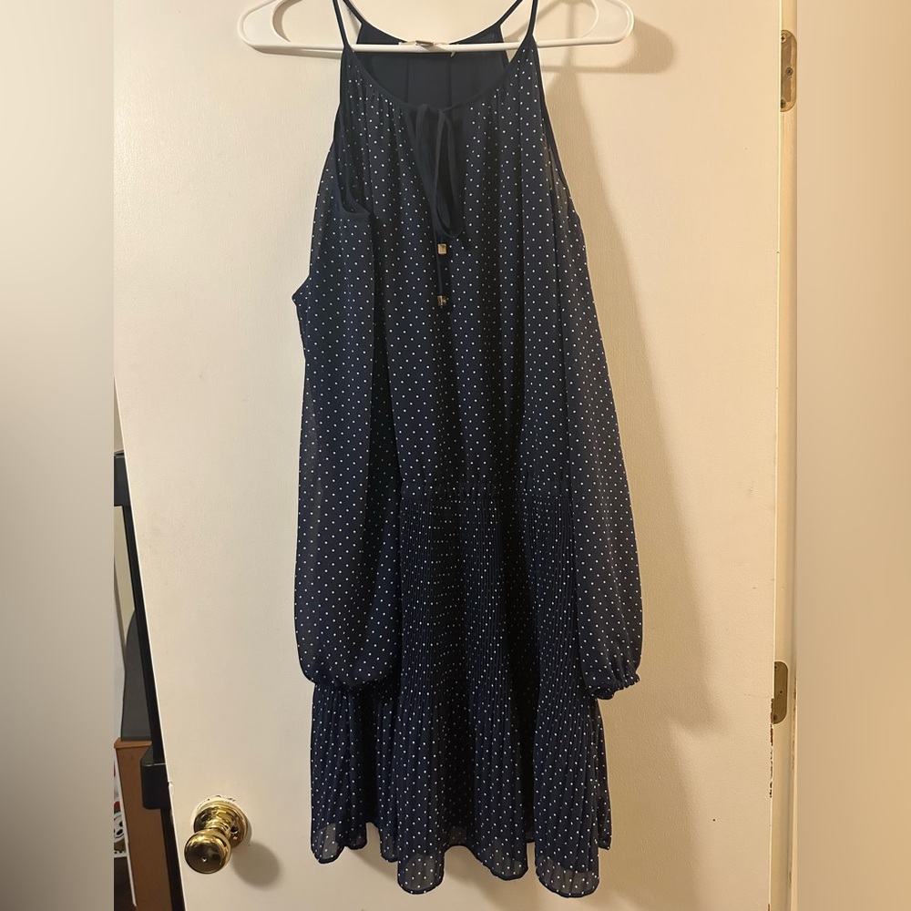 Blue and White Polka Dot Cold Shoulder Dress